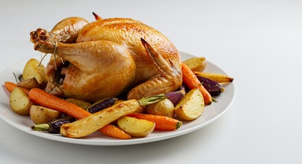 Golden-brown roasted chicken, glistening with flavorful juices, sits majestically on a pristine white plate, surrounded by a medley of perfectly roasted root vegetables