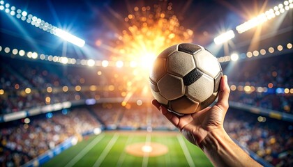 Soccer Ball Triumph: An arm extends towards the stadium stands, holding a soccer ball that seems to be ablaze. An awesome display of sportsmanship and glory