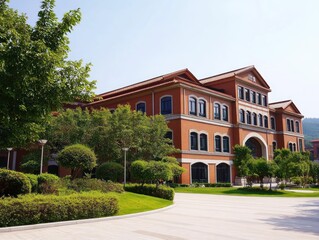 Fototapeta premium Red brick building surrounded by landscaping