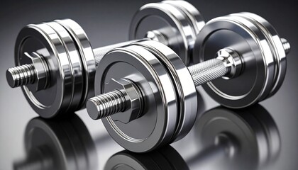 Shining Weights: A close-up shot reveals two gleaming dumbbells resting on a reflective surface, emphasizing their solid metal build and potential for fitness. 