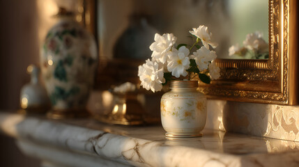 Fototapeta premium Still life of white flowers in a vase on a marble surface, illuminated by warm, natural sunlight.