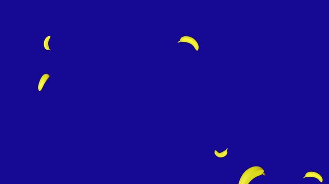 Bananas falling down from the top on blue screen background