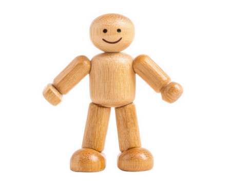 Wooden person figurine smiling face articulated limbs natural wood texture isolated on transparency background playful and cheerful simple design educational toy standing pose
