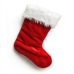 Classic red velvet christmas stocking with white faux fur trim isolated on white background
