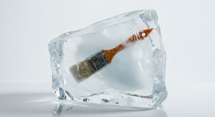 Frozen paintbrush inside ice cube