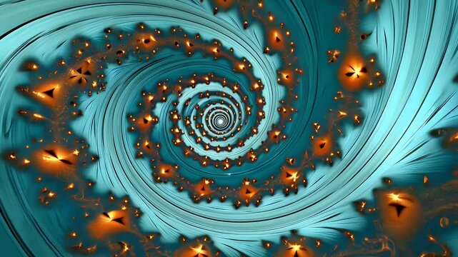 Abstract Fractal Art Animation: Mesmerizing Teal and Gold Spirals of Digital Creation