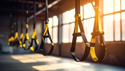 Suspension Training Gear: Rows of TRX suspension trainers hang in a modern fitness studio, bathed in the warm glow of sunlight streaming through large windows. The image conveys a sense of fitness.