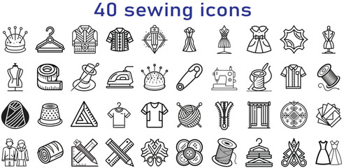 Collection of 40 diverse sewing and tailoring icons for craft and design projects