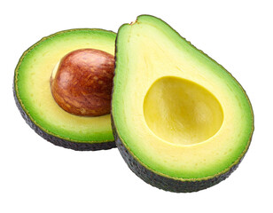 Ripe avocado halves, showing vibrant green flesh and a large brown seed
