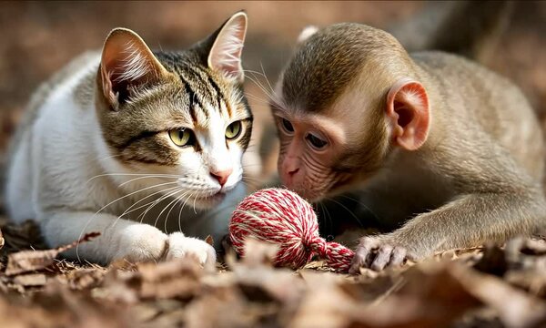 Cat and monkey playful interaction