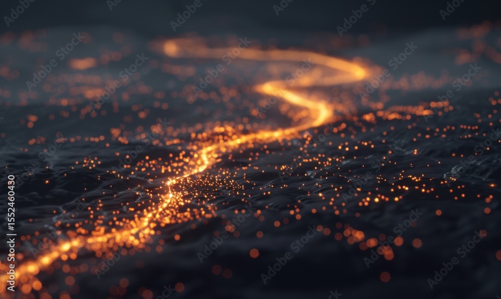Poster abstract winding light path rendered with soft glow over dark textured surface