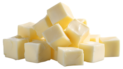 Close-up of fresh yellow cheese cubes isolated on white