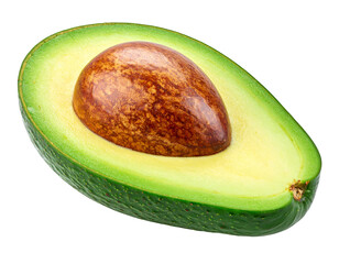 A ripe avocado, halved, revealing its large brown pit and vibrant green flesh