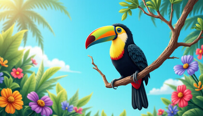 Obraz premium A vibrant toucan perched on a branch amidst a colorful tropical floral paradise under a bright blue sky.