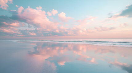 Obraz premium Cotton Candy Clouds at Sunset. Pink and blue hues paint the sky, reflected in the wet sand and tranquil water.