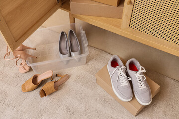 Box and container with female shoes on carpet in room, top view