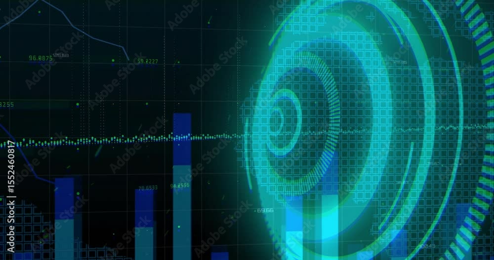 Poster pulsing waveform activating ring formation while charts rising, line graphs peaking displaying data