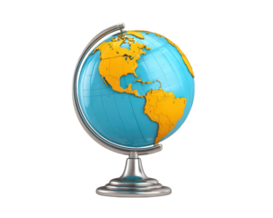 Globe map world earth geography blue yellow metal education travel isolated classroom learning navigation object sphere continent ocean Atlantic North America South America stand school study