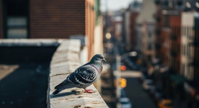 A lone pigeon perched on a ledge overlooking a busy city street below - Powered by Adobe