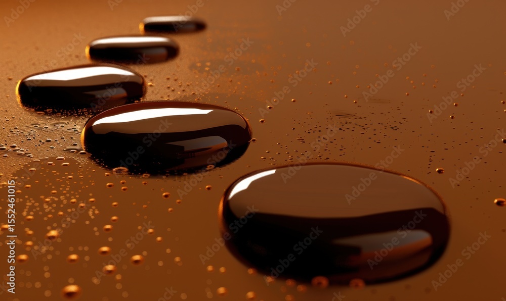 Poster brown liquid drops on shiny surface forming line sequence minimalist design