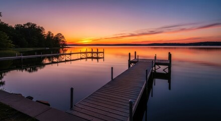 Obraz premium Peaceful Lakeside Dock at Sunset with Vibrant Sky Reflections on the Water