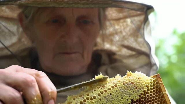 Closeup view of beekeeper working with honeycomb beekeeping process outdoor day