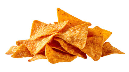 A tasty heap of crunchy, salty potato and corn chips, including nachos, isolated on a white background