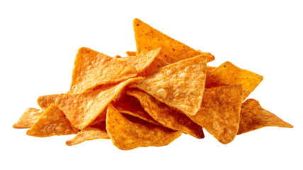 A tasty heap of crunchy, salty potato and corn chips, including nachos, isolated on a white background