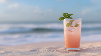 Obraz premium Beachside refreshment: A pink drink with mint sits on the sand against a serene ocean backdrop.