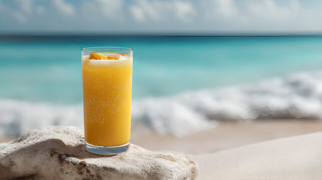 Refreshing tropical beverage on a rock, with a tranquil beach and ocean backdrop. Summer vibes only!