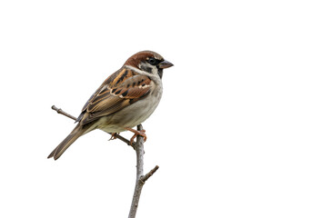 Isolated European Sparrow Perched on a Twig with Transparent Background