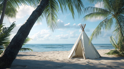 Beachfront teepee offers a tranquil escape, framed by palms and ocean views for ultimate relaxation.