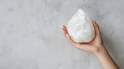 Hand holding a clear crystal against textured white background, showcasing light and form in studio setting.