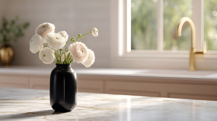 Floral Arrangement: Soft white flowers in a matte black vase brighten a sunlit kitchen space.