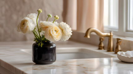 Ranunculus blossoms arranged in a modern vase bring soft, natural beauty to a marble bathroom counter.