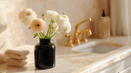 Flowers in a vase on a bathroom counter in sunlight with cream towels and a gold faucet. Fresh and clean.