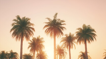 Palm trees silhouetted against a serene sunset sky, evoking a sense of peaceful tropical escape.