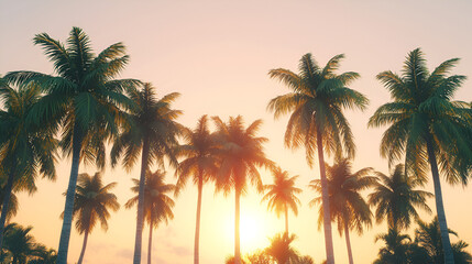 Palm trees silhouetted against a golden sunset sky evoke a sense of tropical paradise and tranquil beauty.