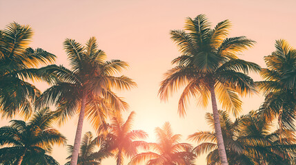 Palm trees silhouetted against a vibrant sunrise or sunset sky in a tropical paradise.