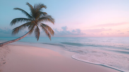 Idyllic Tropical Beach: Palm tree leans over a white sandy beach at sunset, with soft pastel hues.