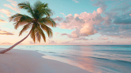 Palm tree on a beautiful beach at sunset. Gentle waves and pastel skies create a tropical paradise.