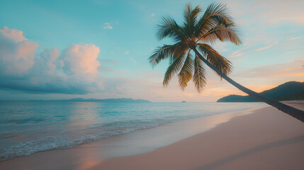 Tropical beach paradise with a leaning palm tree, soft sand, and tranquil blue water under a pastel sky.