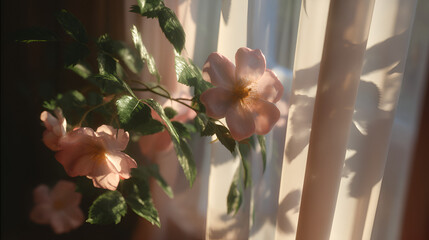 Floral Charm: Delicate pink blossoms illuminated by soft, filtered sunlight near a sheer curtain, creating peace.