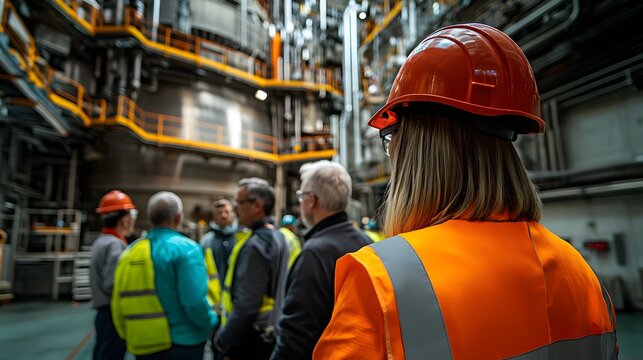 A female engineer leads a tour of a large industrial facility, showcasing advanced technology and teamwork.