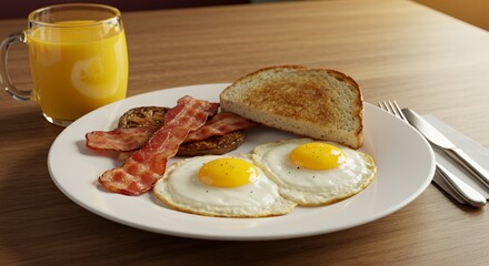 Golden Sunrise Breakfast: A perfectly cooked plate of fried eggs, crispy bacon, grilled mushrooms, and toasted bread, accompanied by a refreshing glass of orange juice