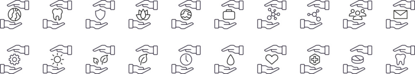 Gift, Charity, Present Icon Collection. Contains Icons of Globe, Mail, Heart, Nature between Hands for Graphics, Concept, Apps