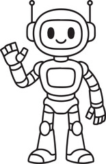 Black Outline Vector Illustration of a Futuristic Robot Character in Cartoon Style on White Background