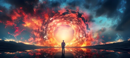 pop surreal unreal silhouettes spiral towards storm fire, ai generatif