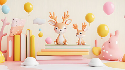 Obraz premium Cute 3D Cartoon Deer in Nursery Scene