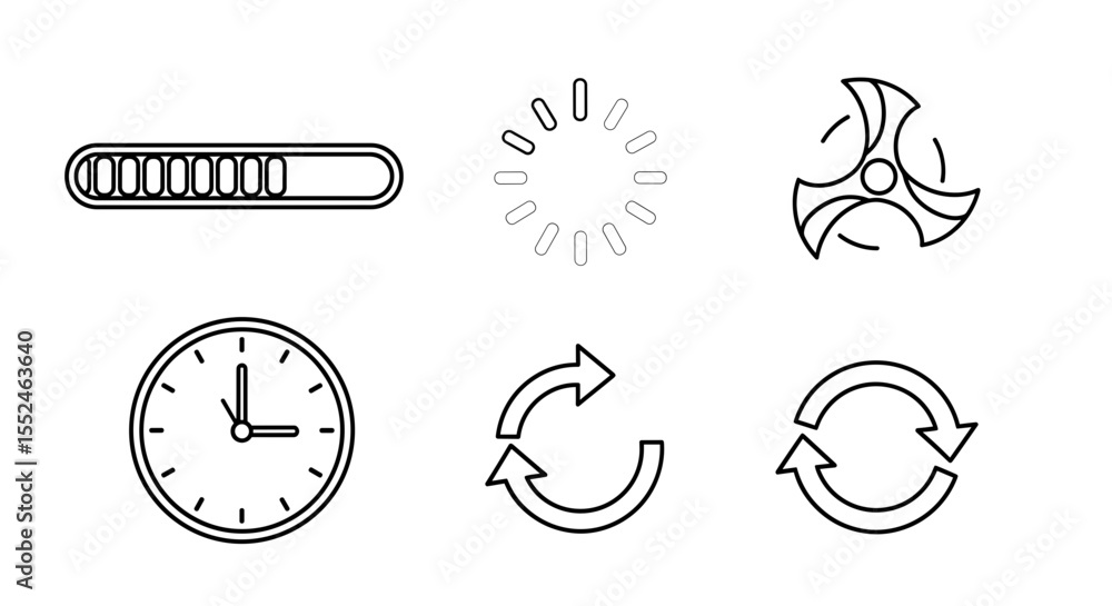 Poster collection of six different outlined icons depicting loading, time, refresh and a propeller shape